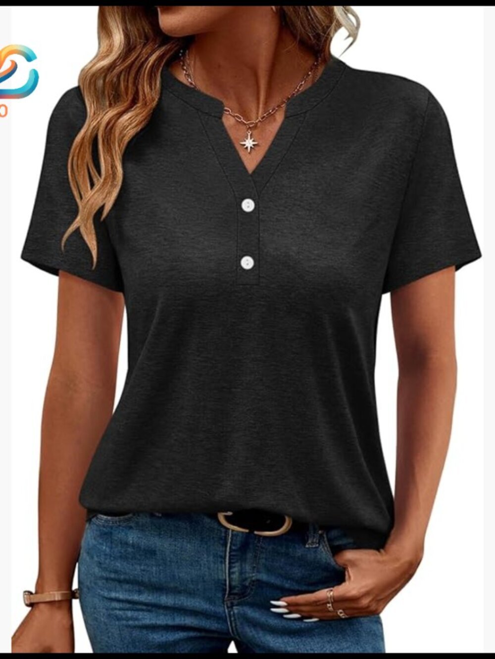 V-Neck Henley Top Short Sleeve Button Down Casual Tee Loose Fit